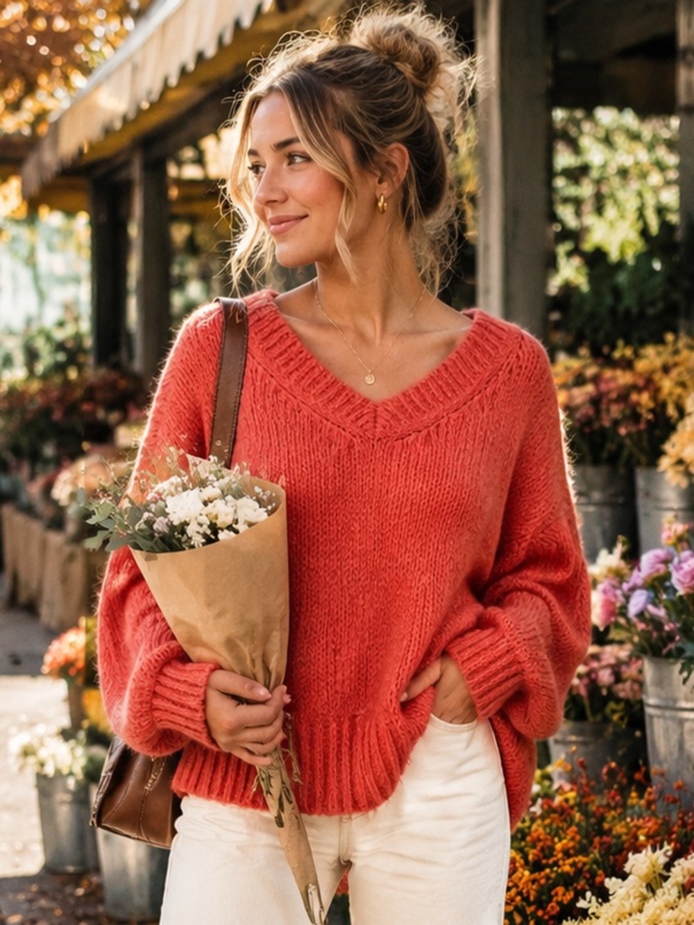 Club Monaco Coral Red Italian Yarn V-Neck Sweater Size M Cozy Fall
